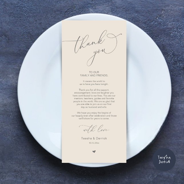 Romantic Wedding Place Setting Thank You Card (Modern Romantic Wedding Dinner Place Setting Thank You Card, Plate Decor, in Dark Grey and Cream)