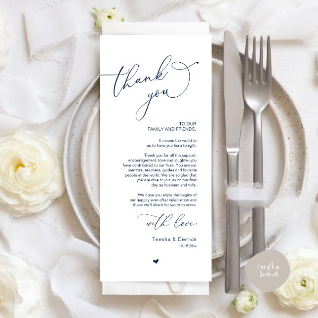 Romantic Wedding Place Setting Thank You Card (Romantic Modern Wedding Dinner Place Setting Thank You Card, in Classy Navy Blue)