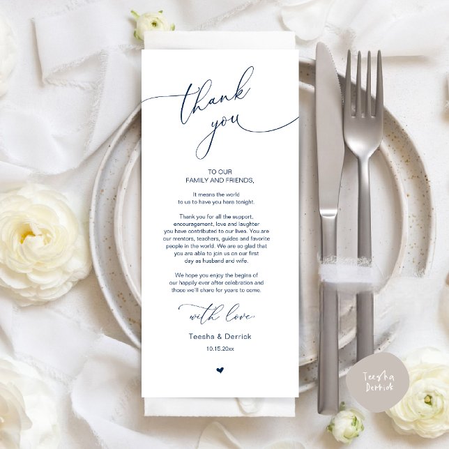 Romantic Wedding Place Setting Thank You Card (Romantic Modern Wedding Dinner Place Setting Thank You Card, in Classy Navy Blue)