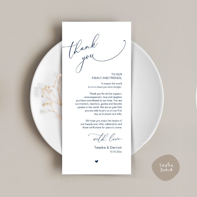 Romantic Wedding Place Setting Thank You Card (Romantic Modern Wedding Dinner Place Setting Thank You Card, in Classy Navy Blue)