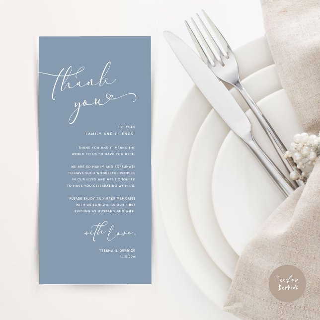 Romantic Wedding Place Setting Thank You Card (Romantic Minimalist Wedding Dinner Place Setting Thank You Card, in Summer Dusty Blue)