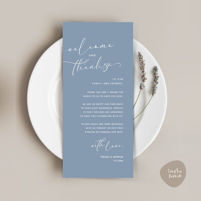 Romantic Wedding Place Setting Thank You Card (Romantic Wedding Dinner Place Setting Thank You Card, in Dusty Blue)