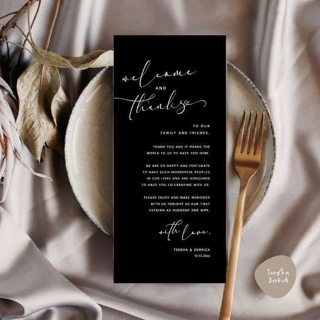 Romantic Wedding Place Setting Thank You Card (Romantic Wedding Dinner Place Setting Thank You Card, in Classy Black)