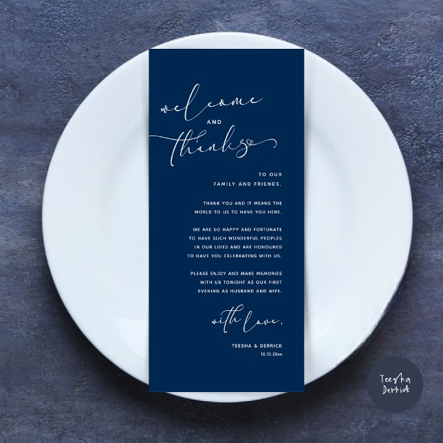 Romantic Wedding Place Setting Thank You Card (Romantic Wedding Dinner Place Setting Thank You Card, in Navy Blue)