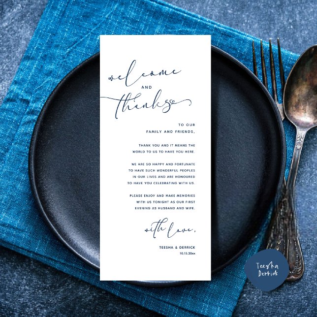 Romantic Wedding Place Setting Thank You Card (Romantic Wedding Dinner Place Setting Thank You Card, in Navy Blue)