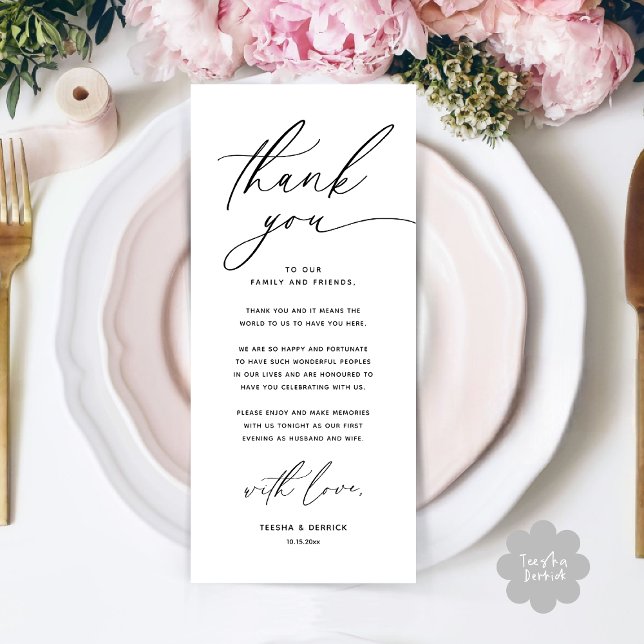 Romantic Wedding Place Setting Thank You Card (Romantic Wedding Place Setting Modern Dinner Brunch Lunch Party Thank You Card in Black White)