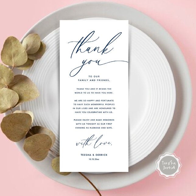 Romantic Wedding Place Setting Thank You Card (Romantic Wedding Place Setting Modern Dinner Brunch Lunch Party Thank You Card in Navy Blue)