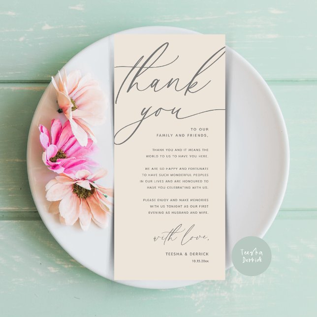 Romantic Wedding Place Setting Thank You Card (Romantic Wedding Place Setting Modern Dinner Brunch Lunch Party Thank You Card in Classy Cream Grey)