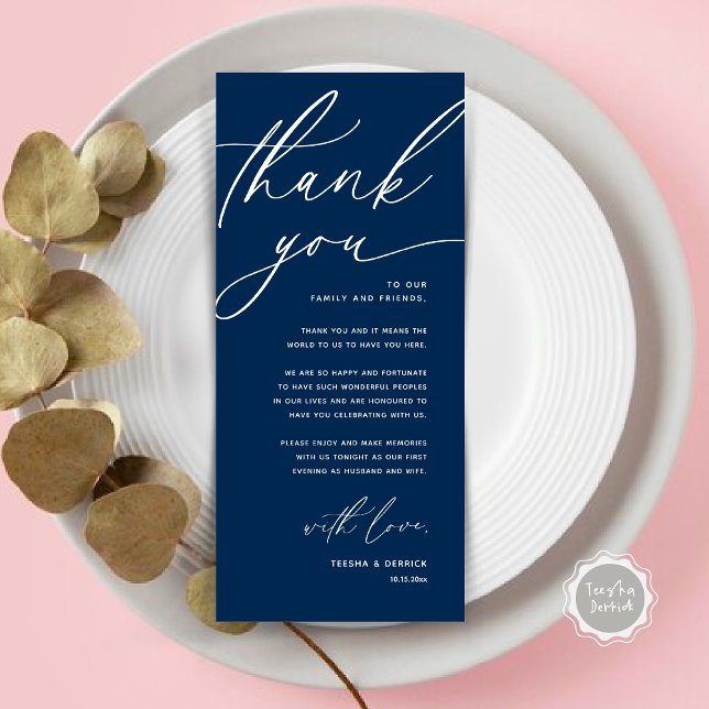 Romantic Wedding Place Setting Thank You Card (Romantic Wedding Place Setting Modern Dinner Brunch Lunch Party Thank You Card in Navy Blue)