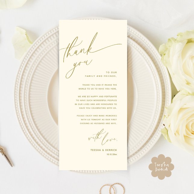 Romantic Wedding Place Setting Thank You Card (Romantic Wedding Dinner Place Setting Thank You Card Lunch Brunch in Yellow Gold)
