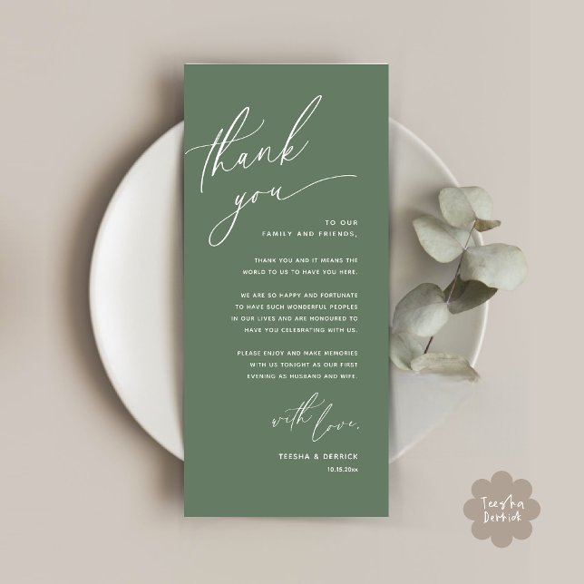 Romantic Wedding Place Setting Thank You Card (Romantic Wedding Dinner Place Setting Thank You Card Lunch Brunch in Sage Green Greenery)