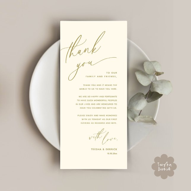 Romantic Wedding Place Setting Thank You Card (Romantic Wedding Dinner Place Setting Thank You Card Lunch Brunch in Yellow Gold)