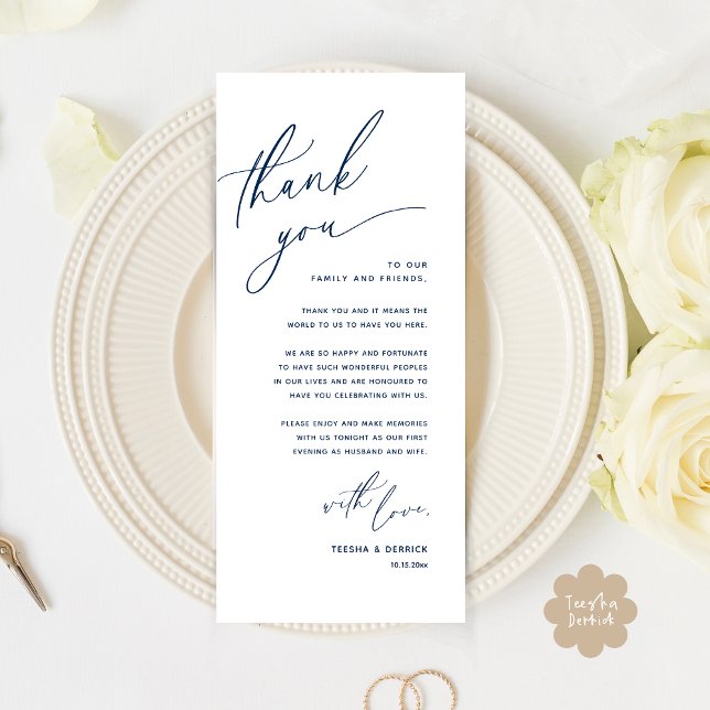 Romantic Wedding Place Setting Thank You Card (Romantic Wedding Dinner Place Setting Thank You Card Lunch Brunch in Classy Navy Blue)