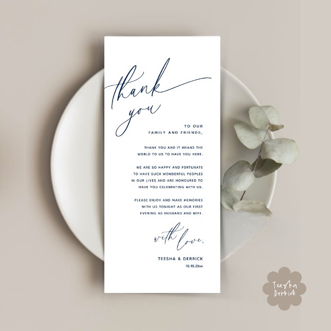 Romantic Wedding Place Setting Thank You Card (Romantic Wedding Dinner Place Setting Thank You Card Lunch Brunch in Classy Navy Blue)