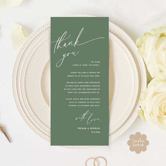 Romantic Wedding Place Setting Thank You Card (Romantic Wedding Dinner Place Setting Thank You Card Lunch Brunch in Sage Green Greenery)