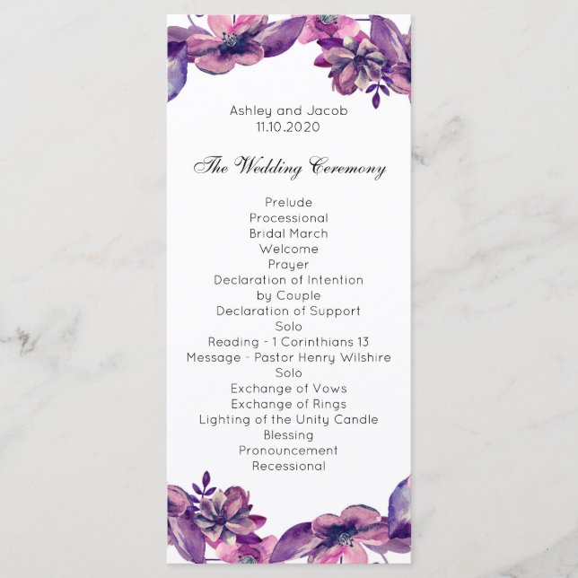 Romantic wedding program. Purple floral ceremony Programme (Front)