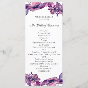 Romantic wedding program. Purple floral ceremony Programme