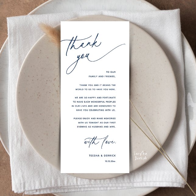 Romantic Wedding Reception Dinner Thank You Card (Romantic Wedding Reception Dinner Thank You Card in Navy Blue)