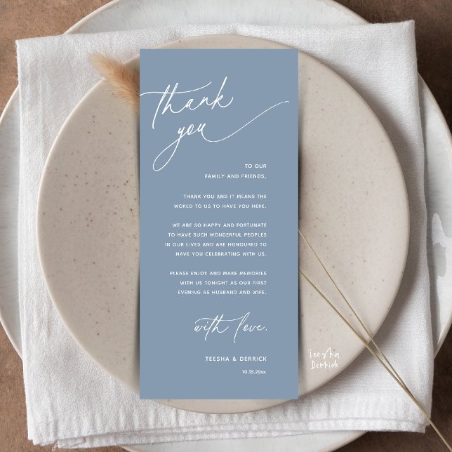 Romantic Wedding Reception Dinner Thank You Card (Romantic Wedding Reception Dinner Thank You Card in Dusty Blue)