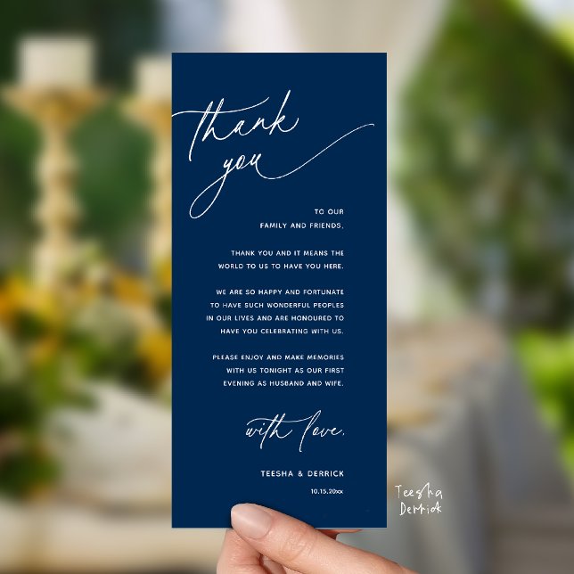 Romantic Wedding Reception Dinner Thank You Card (Romantic Wedding Reception Dinner Thank You Card in Navy Blue)