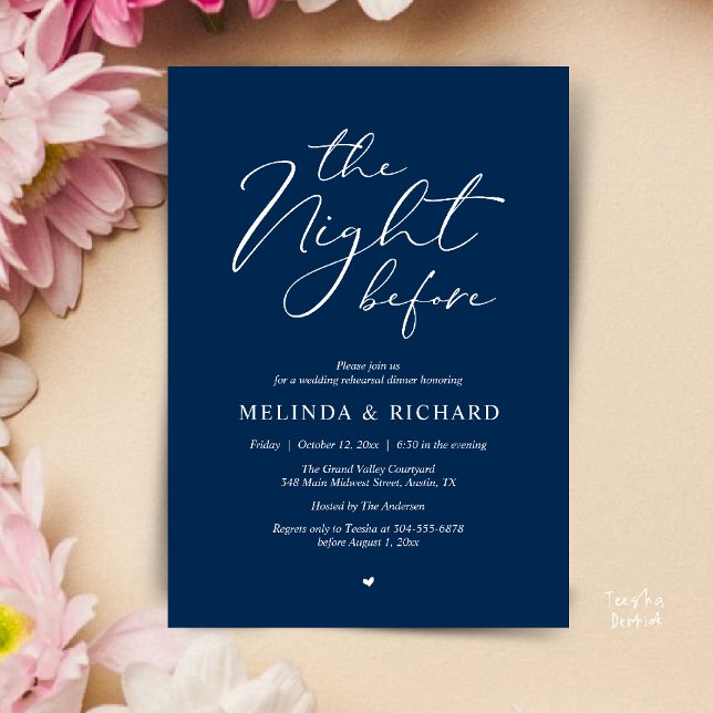 Romantic Wedding Rehearsal Dinner The Night Before Invitation (Modern Romantic Wedding Rehearsal Dinner The Night Before Forever Invites Card in Navy Blue)