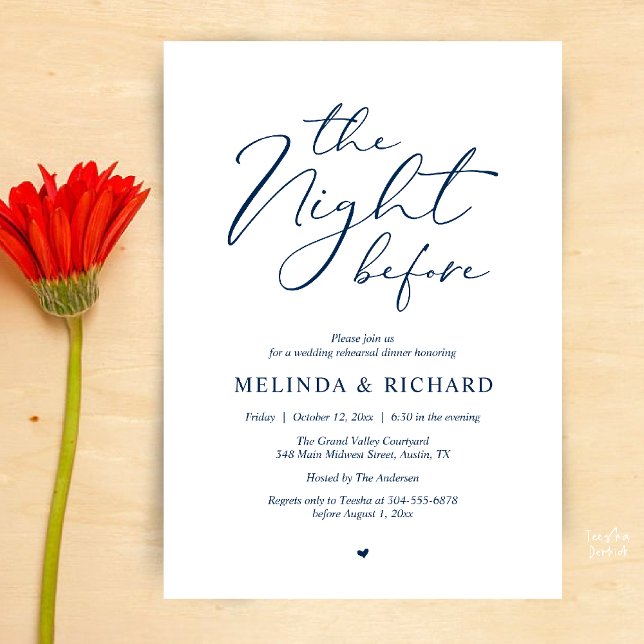 Romantic Wedding Rehearsal Dinner The Night Before Invitation (Modern Romantic Wedding Rehearsal Dinner The Night Before Forever Invites Card in Navy Blue)