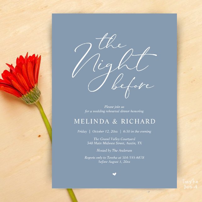 Romantic Wedding Rehearsal Dinner The Night Before Invitation (Modern Romantic Wedding Rehearsal Dinner The Night Before Forever Invites Card in Dusty Blue)
