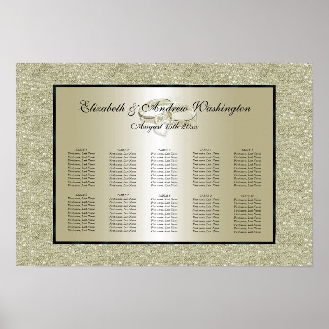 Romantic Wedding Rings, Gold Glitter Seating Chart (Front)