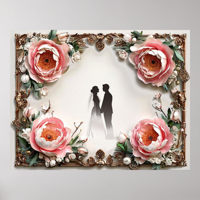 Romantic Wedding Silhouette in Floral Frame Poster (Front)