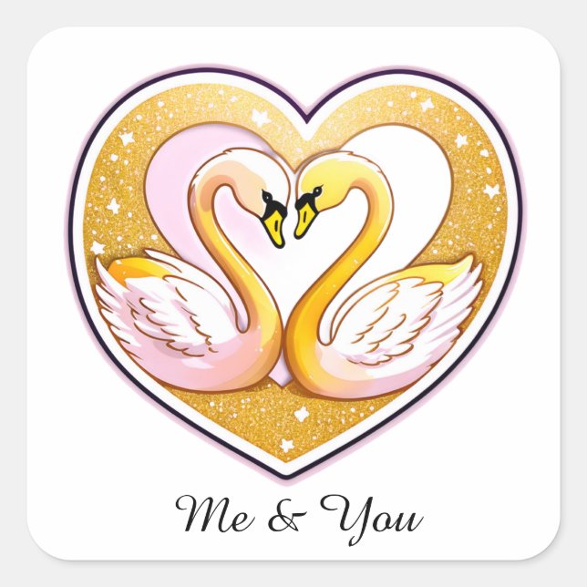 Romantic Wedding Swans With Gold Rings Square Sticker (Front)