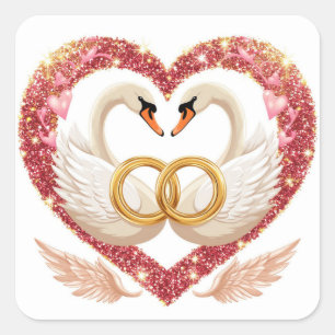 Romantic Wedding Swans With Gold Rings Square Sticker