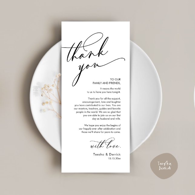 Romantic Wedding Thank You Place Setting Card (Romantic Wedding Dinner Thank You Place Setting Card, in Black and White )