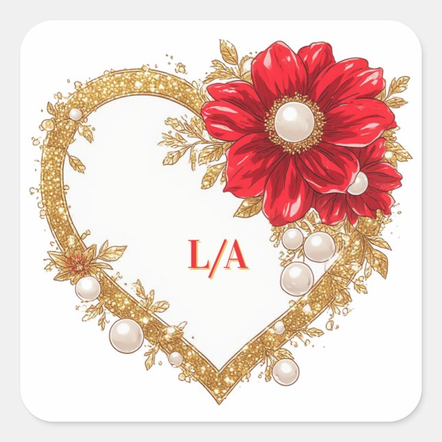 ✨ Romantic Wedding With Red Flower Heart Frame✨ Square Sticker (Front)