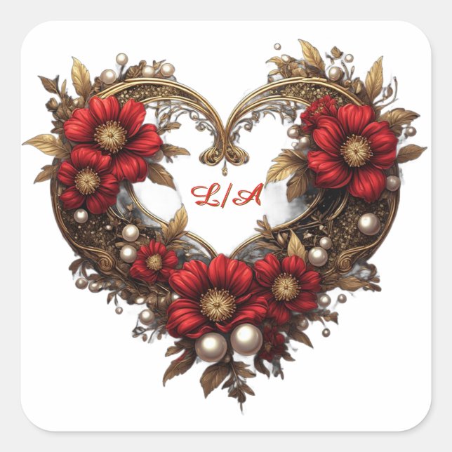 ✨ Romantic Wedding With Red Flower Heart ✨ Square Sticker (Front)