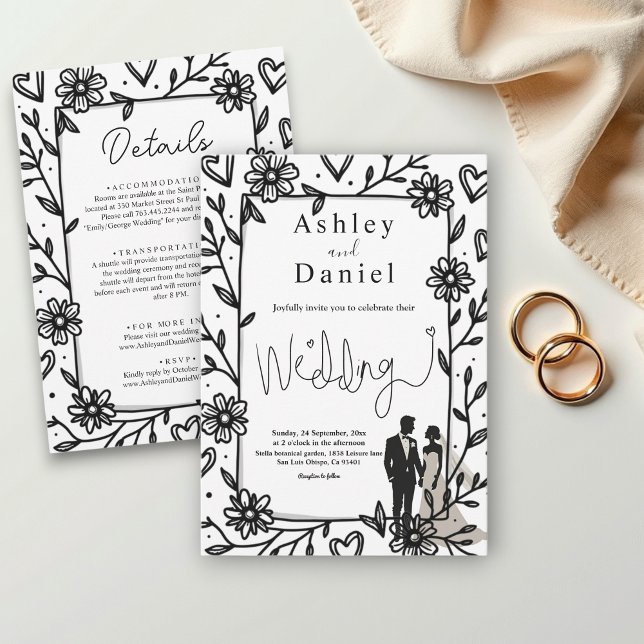 Romantic Whimsical Black And White Couple Wedding Invitation (Creator Uploaded)