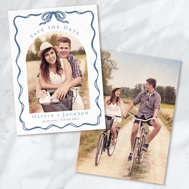 Romantic Whimsical Coquette Bow Blue Photo Save The Date (Creator Uploaded)