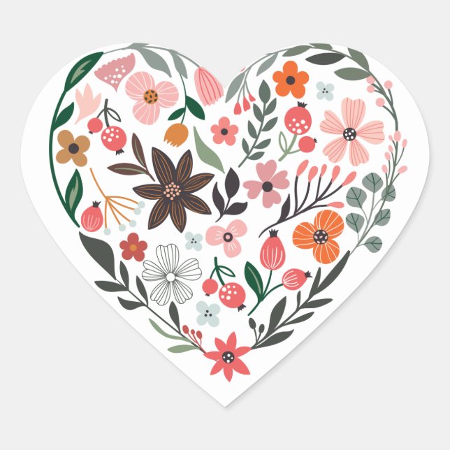 Romantic, Whimsical Flowers Heart Heart Sticker (Front)