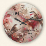 Romantic Whimsical Love Birds  Round Clock<br><div class="desc">Wall clock featuring a whimsical painting of two cute birds in warm colours. The classic Roman clock numbers can be deleted if you do not need them. Beautiful for the romantic soul or as a wedding or anniversary gift.</div>