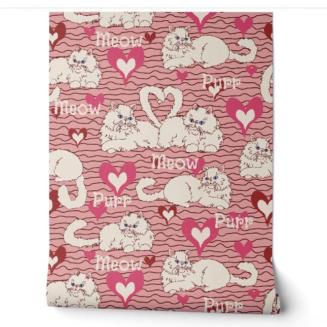 Romantic Whimsical Persian Cats on Pink Wallpaper (Unrolling)