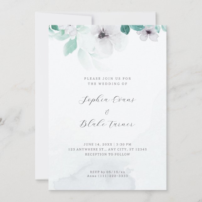 Romantic White and Green Floral White Wedding Invitation (Front)