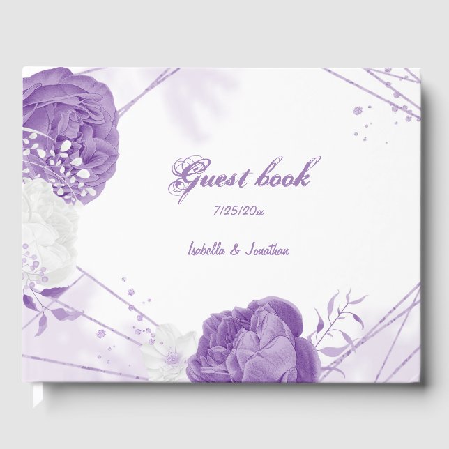 Romantic white and purple flowers wedding guest book (Front)