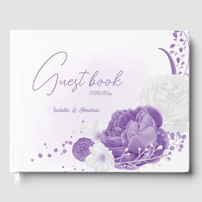 Romantic white and purple flowers wedding guest book (Front)
