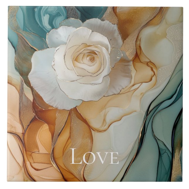 Romantic White Aqua Gold Floral Love Tile (Front)