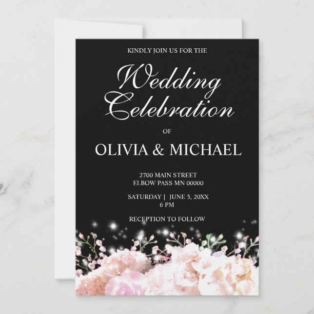 Romantic white & black lace hydrangeas pink roses  invitation (Front)