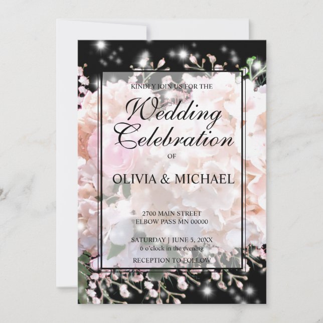 Romantic white & black lace hydrangeas pink roses invitation (Front)