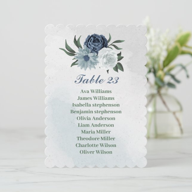 romantic white blue greenery seating chart card (Standing Front)