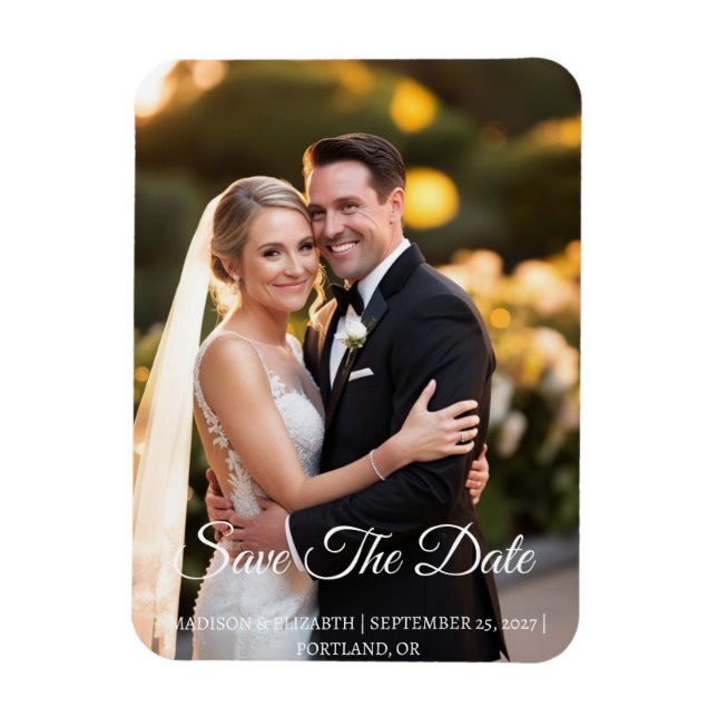 Romantic White Calligraphy Photo Save the Date Magnet (Vertical)