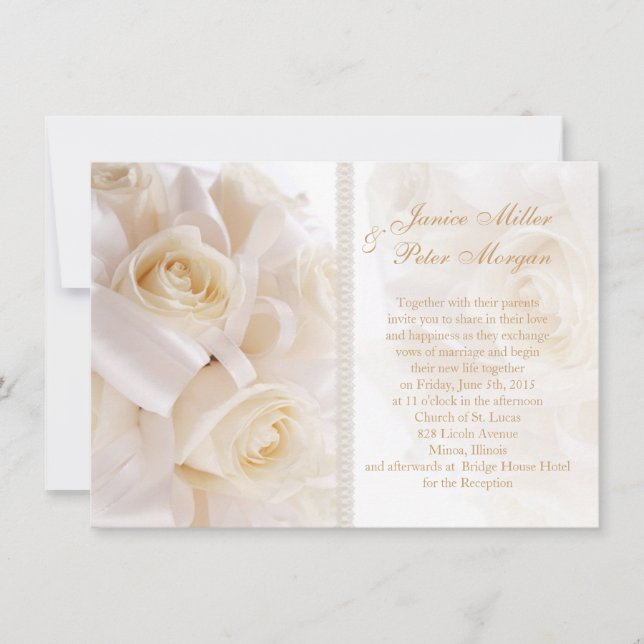 Romantic white cream rosess Wedding Invitation (Front)