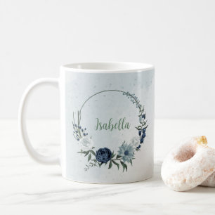 romantic white dusty &navy blue floral coffee mug