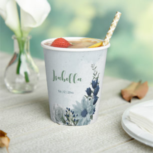 romantic white dusty &navy blue floral greenery  paper cups